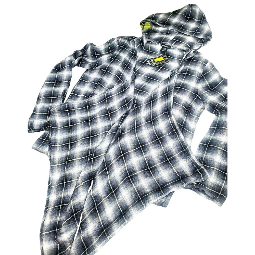 New Stoosh Size L Top Black Plaid Roll Tab Open Front Waterfall Cardigan Shirt